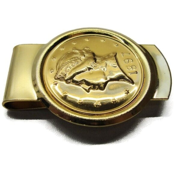 1897 USA Novelty Gold Tone Half Dollar Money Clip Stainless Steel Wallet Credit - Picture 2 of 8